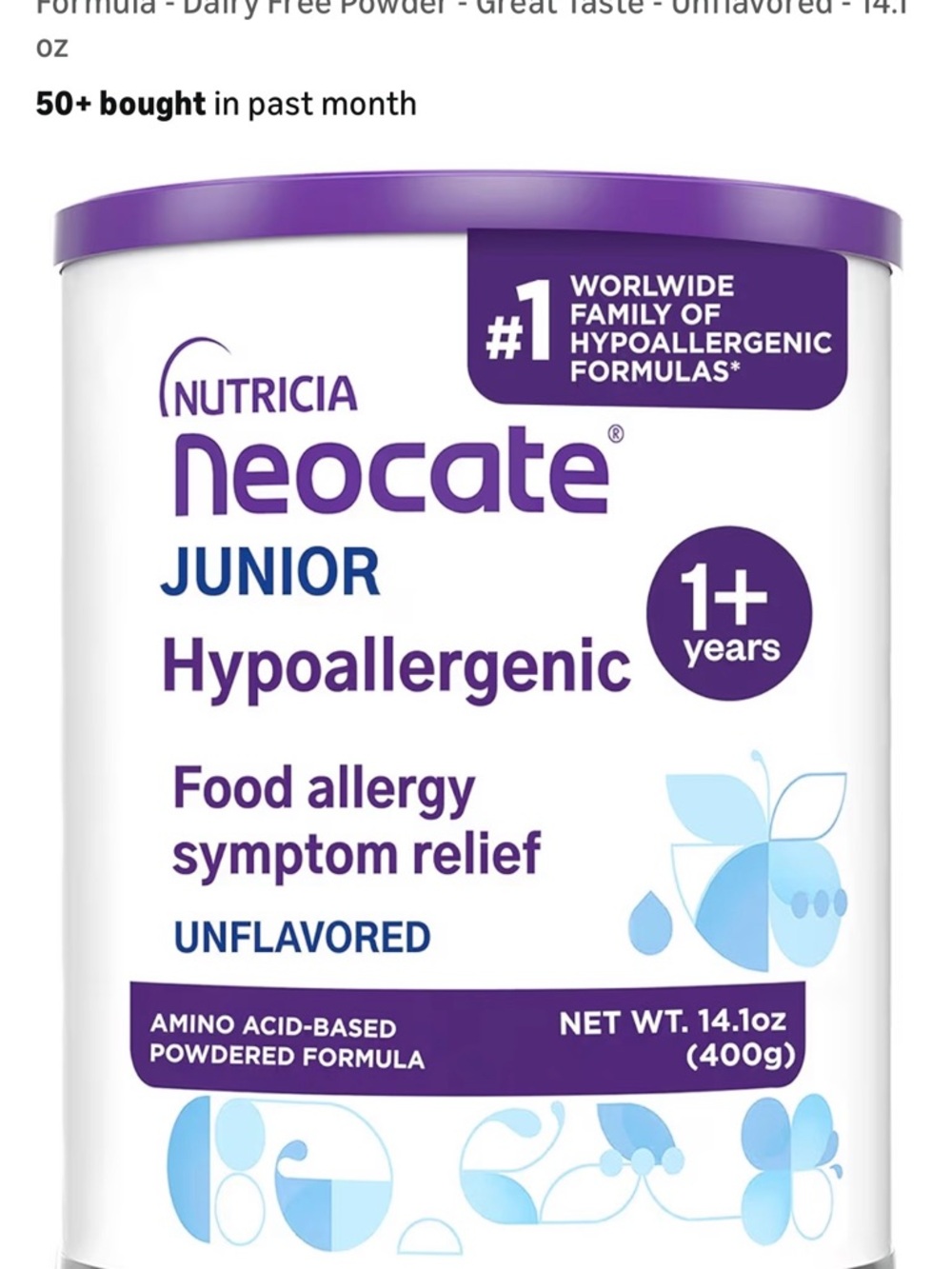 Neocate Junior Unflavored Nutrition Info Panel - White & Purple